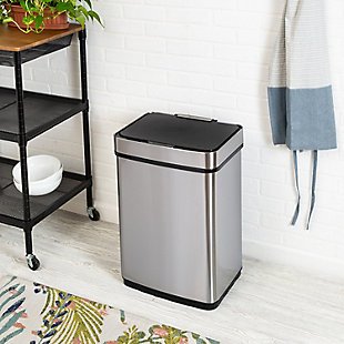 Honey-Can-Do 50L Stainless Steel Trash Can with Motion Sensor and Soft Close, Brushed Silver Finish, rollover