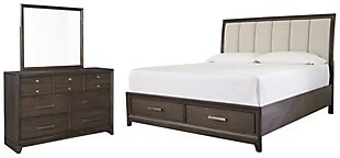 Brueban Queen Panel Bed with 2 Storage Drawers with Mirrored Dresser, Rich Brown/Gray, large