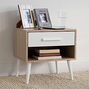 Humble Crew Nightstand End Table with Shelf and Drawer Storage, Light Wood/White, , rollover