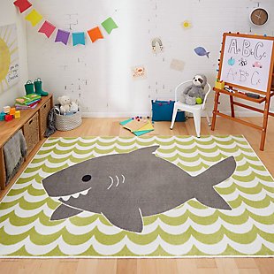 Mohawk Aurora Kids Smiling Shark Lime Green 5' x 8' Area Rug, , rollover