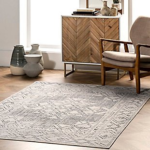 nuLOOM Mia Machine Washable Geometric Medallion 5' x 8' Rug, Light Gray, rollover